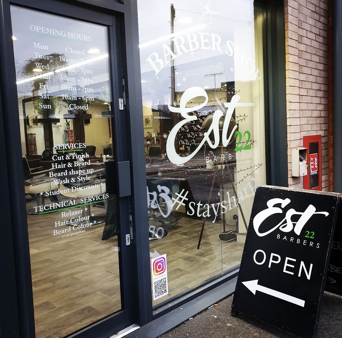 The entrance to EST22 Barbers on Lydia Ann Street in Liverpool